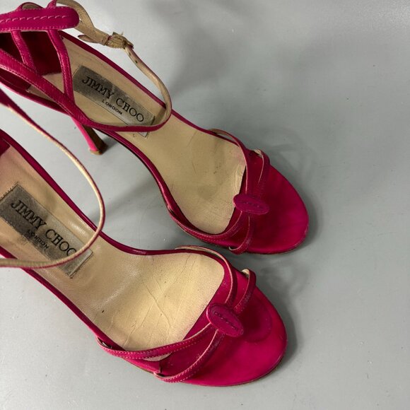 Jimmy Choo Hot Pink Leather Strappy Ankle Strap Heels, Size 37.5'' - Picture 10 of 14